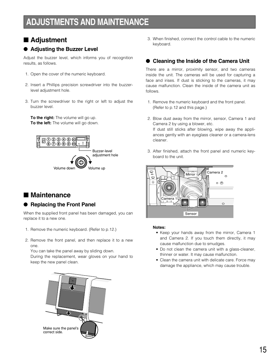 Adjustments and maintenance, Adjustment, Maintenance | Adjusting the buzzer level, Replacing the front panel, Cleaning the inside of the camera unit | Panasonic BM-ET500 User Manual | Page 15 / 24