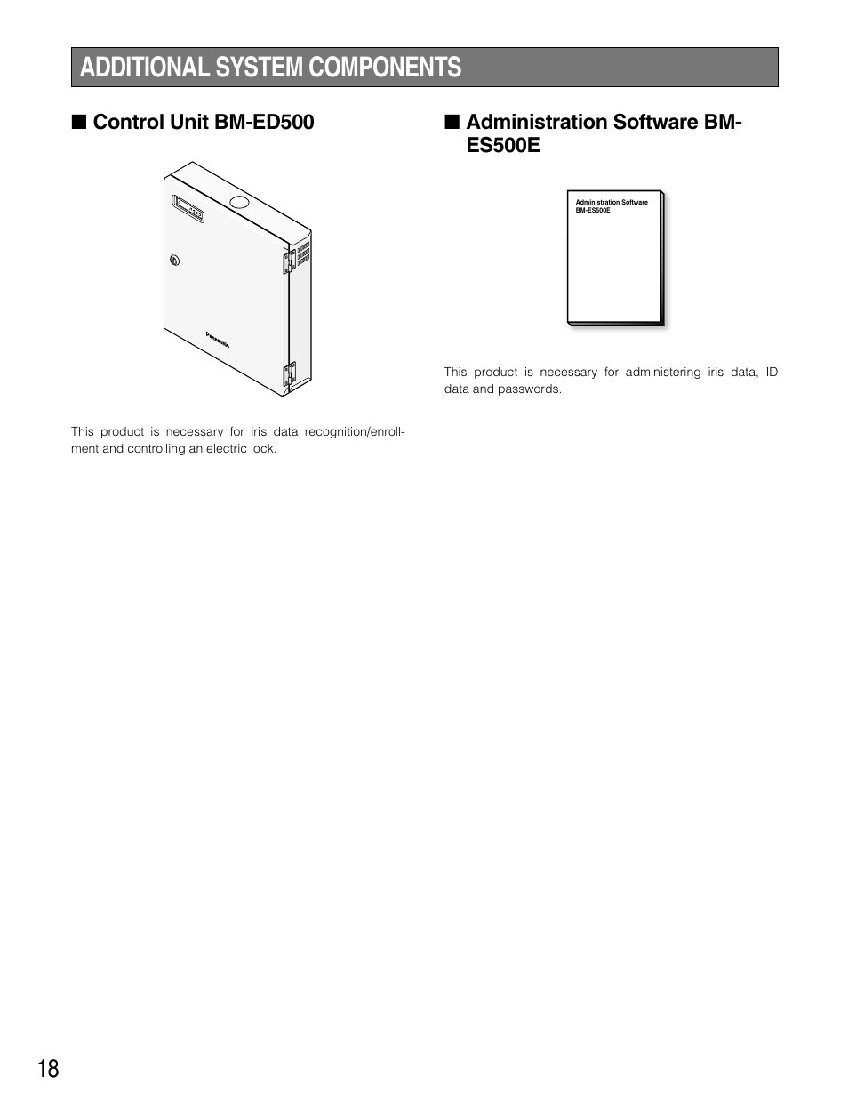Additional system components, Control unit bm-ed500, Administration software bm-e | Administration software bm-es500e | Panasonic BM-ET500 User Manual | Page 18 / 24