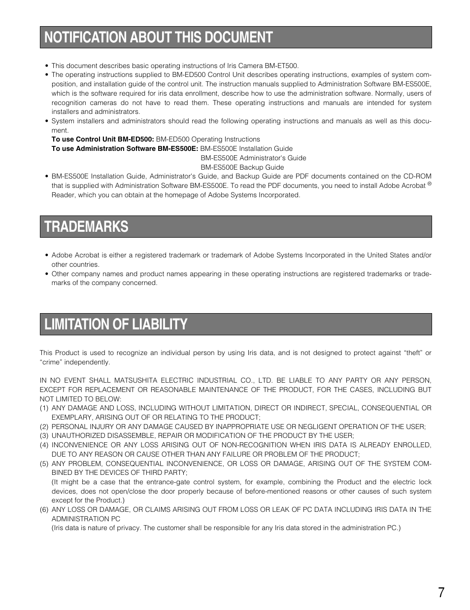 Notification about this docu, Trademarks, Limitation of liability | Notification about this document | Panasonic BM-ET500 User Manual | Page 7 / 24