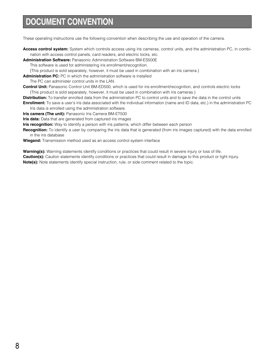 Document convention | Panasonic BM-ET500 User Manual | Page 8 / 24