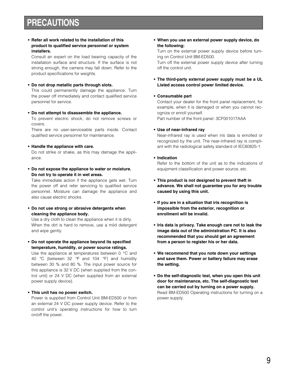 Precautions, Document convention | Panasonic BM-ET500 User Manual | Page 9 / 24