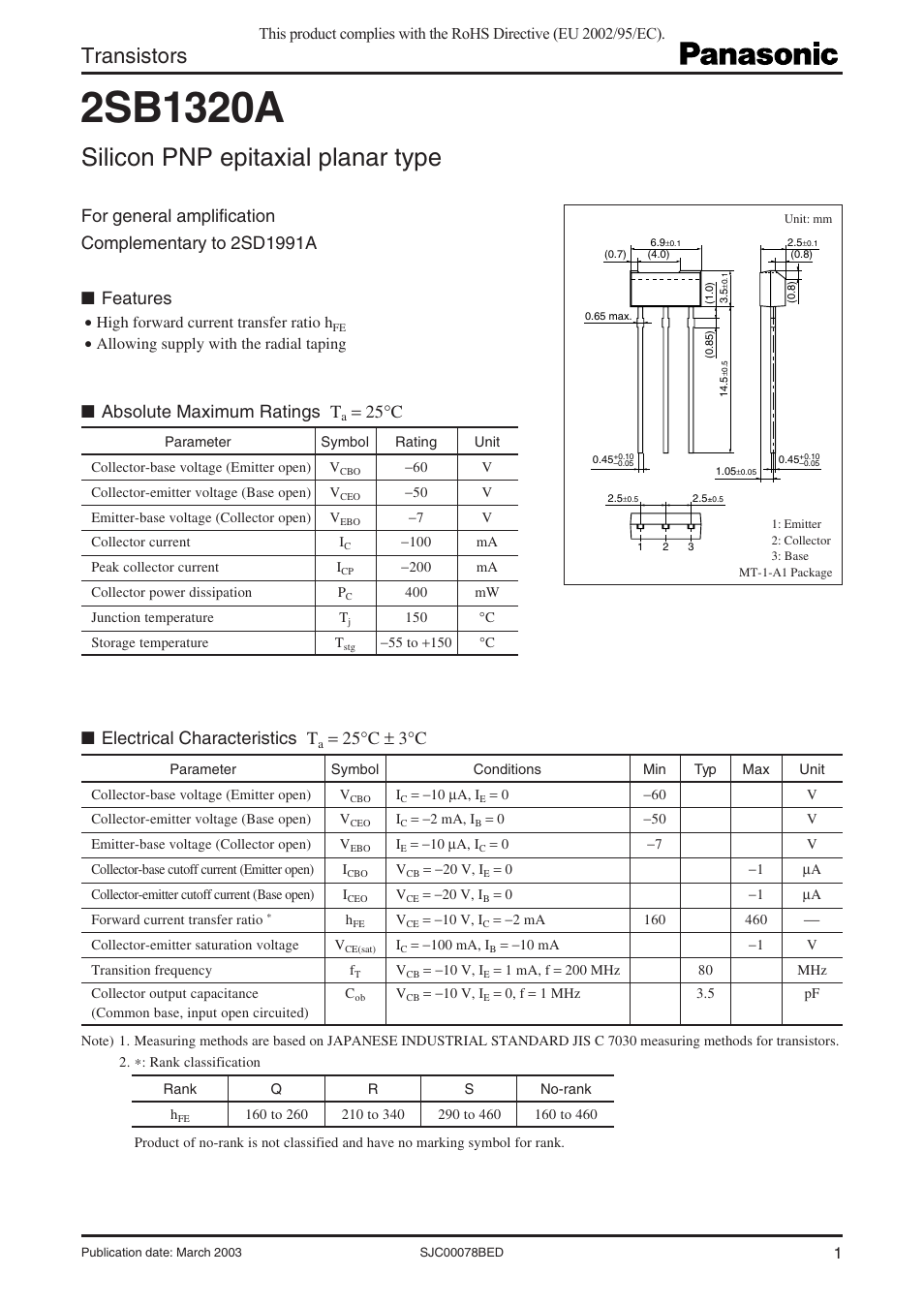 Panasonic 2SB1320A User Manual | 4 pages