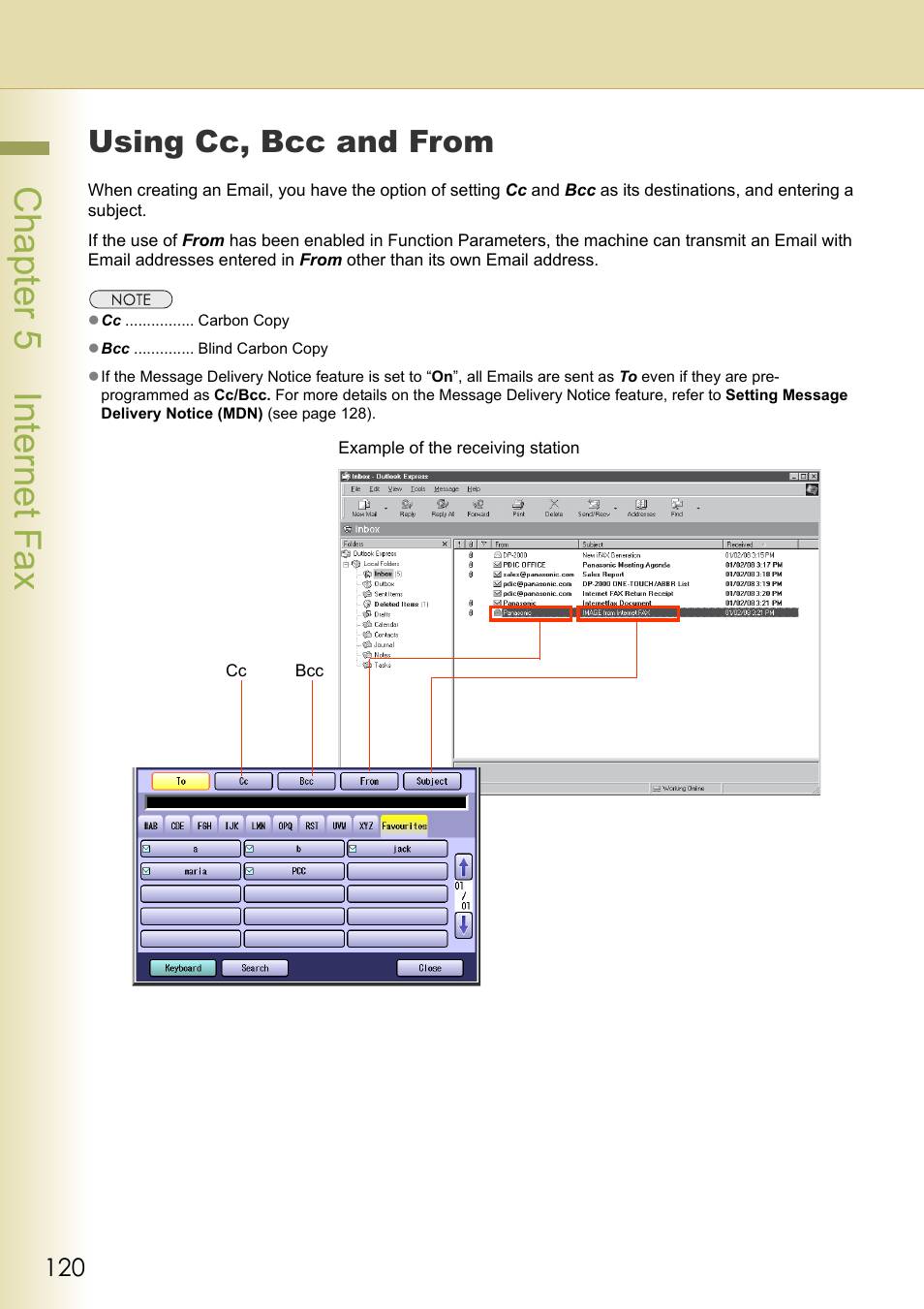 Using cc, bcc and from, Chapter 5 internet fax | Panasonic Laser Fax UF-6000 User Manual | Page 120 / 224