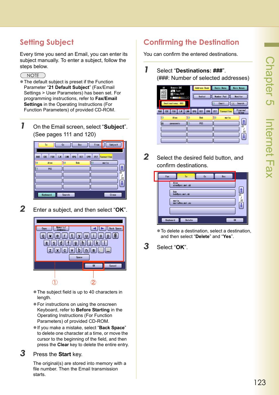 Setting subject, Confirming the destination, Setting subject confirming the destination | Chapter 5 internet fax | Panasonic Laser Fax UF-6000 User Manual | Page 123 / 224