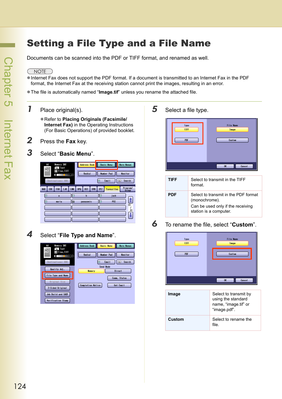 Setting a file type and a file name, Setting a file type and a file name (see, Chapter 5 internet fax | Panasonic Laser Fax UF-6000 User Manual | Page 124 / 224