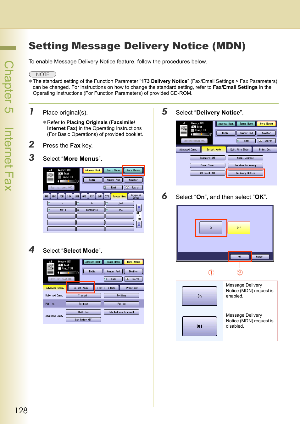 Setting message delivery notice (mdn), Chapter 5 internet fax | Panasonic Laser Fax UF-6000 User Manual | Page 128 / 224