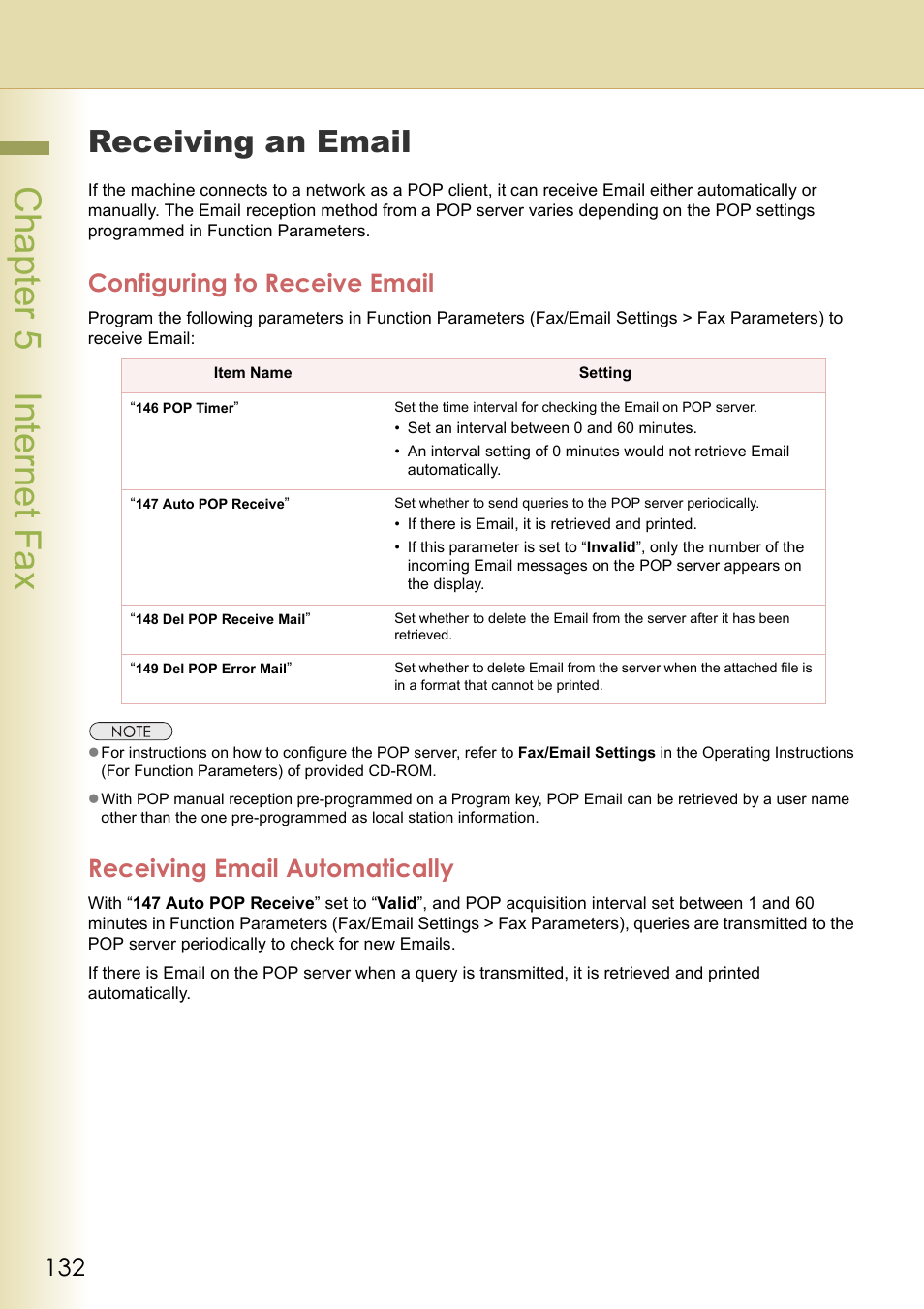 Receiving an email, Configuring to receive email, Receiving email automatically | Chapter 5 internet fax | Panasonic Laser Fax UF-6000 User Manual | Page 132 / 224