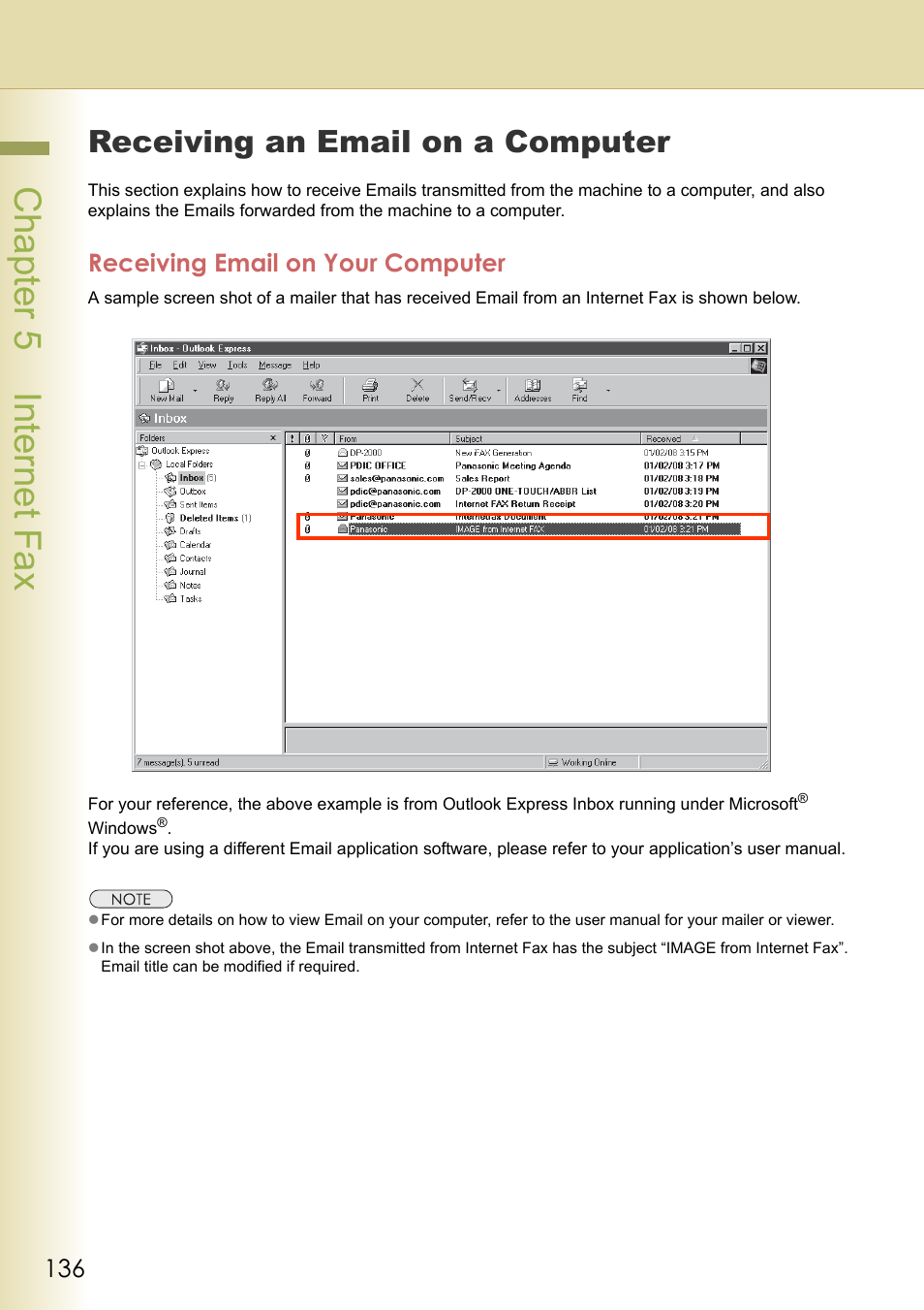 Receiving an email on a computer, Receiving email on your computer, Chapter 5 internet fax | Panasonic Laser Fax UF-6000 User Manual | Page 136 / 224