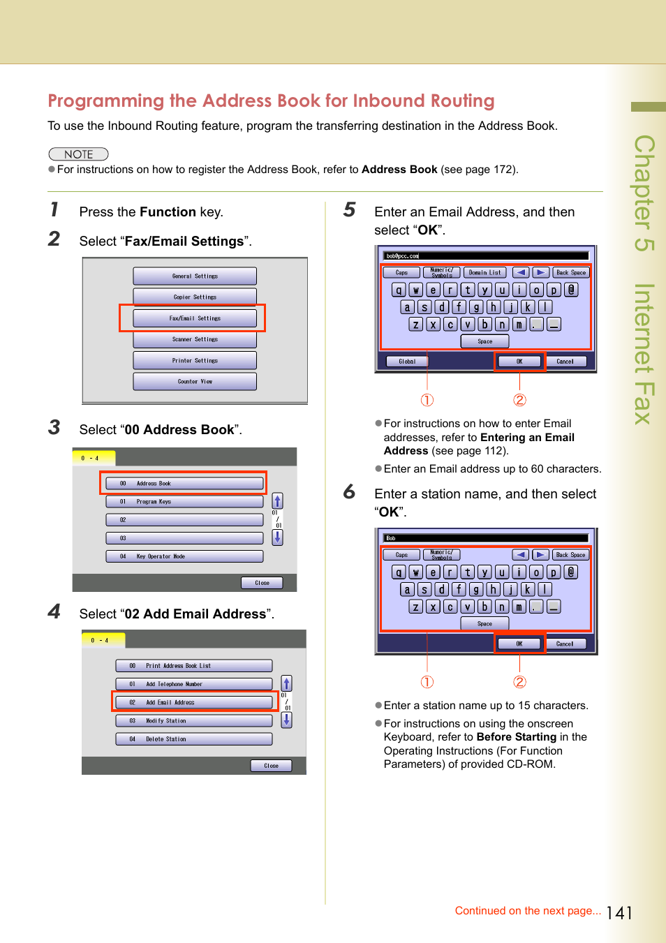 Programming the address book for inbound routing, Chapter 5 internet fax | Panasonic Laser Fax UF-6000 User Manual | Page 141 / 224