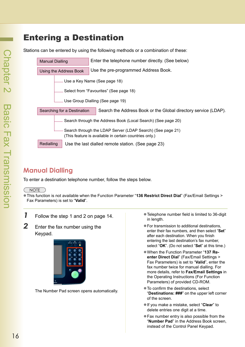 Entering a destination, Manual dialling, Chapter 2 basic fax transmission | Panasonic Laser Fax UF-6000 User Manual | Page 16 / 224