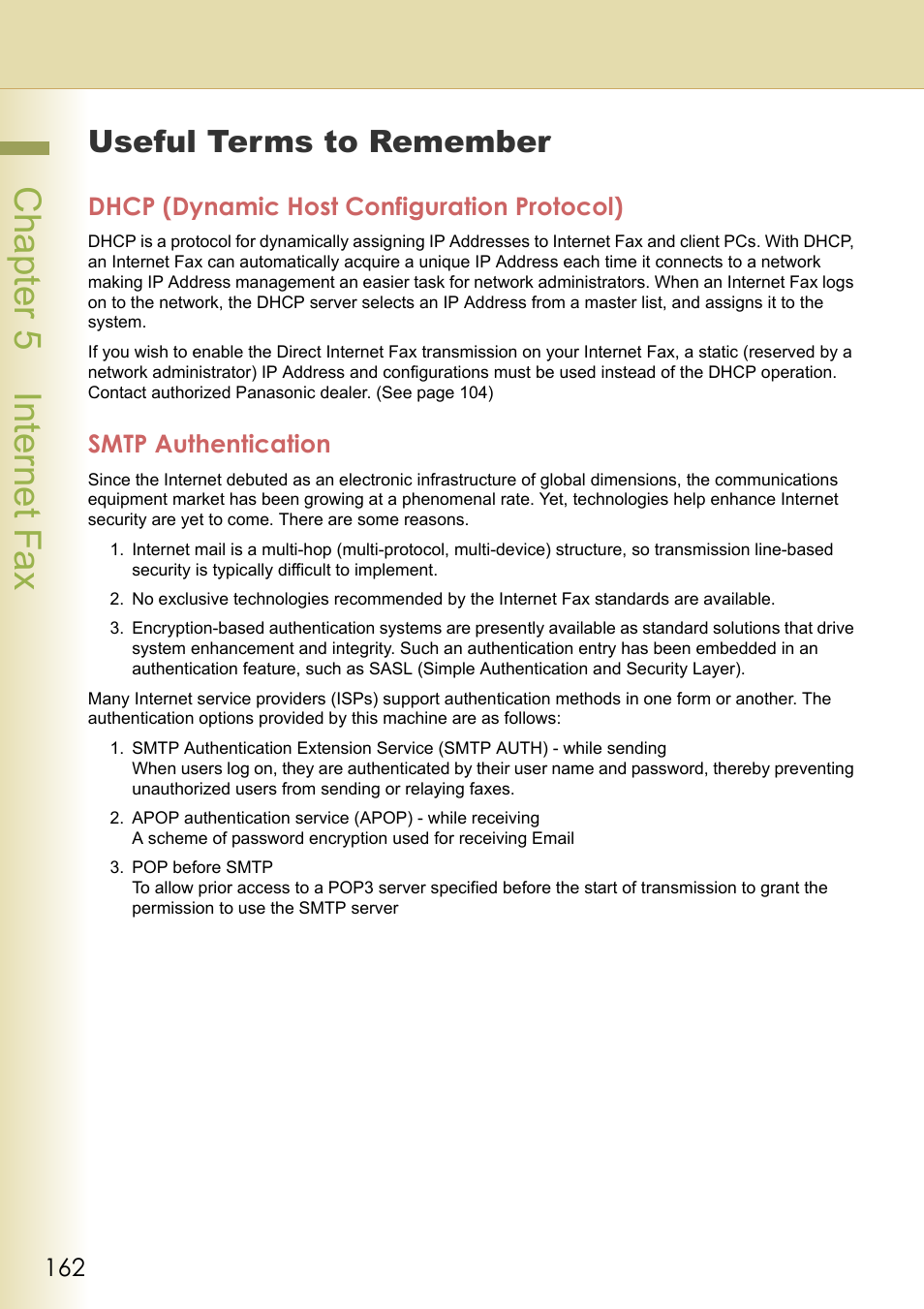 Useful terms to remember, Dhcp (dynamic host configuration protocol), Smtp authentication | Chapter 5 internet fax | Panasonic Laser Fax UF-6000 User Manual | Page 162 / 224