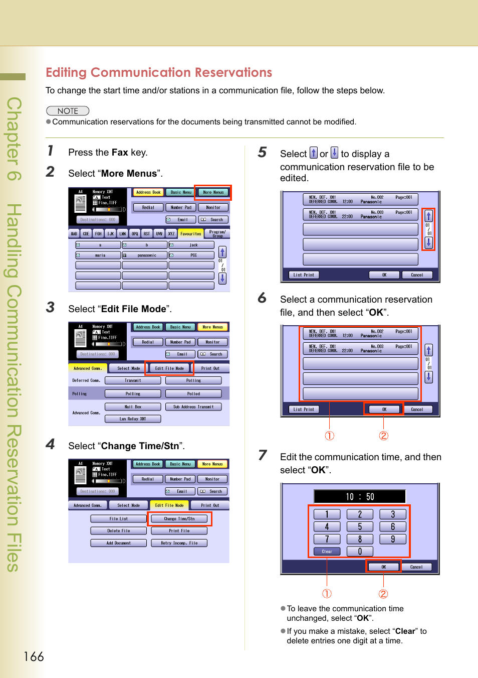 Editing communication reservations, Chapter 6 handling communication reservation files | Panasonic Laser Fax UF-6000 User Manual | Page 166 / 224