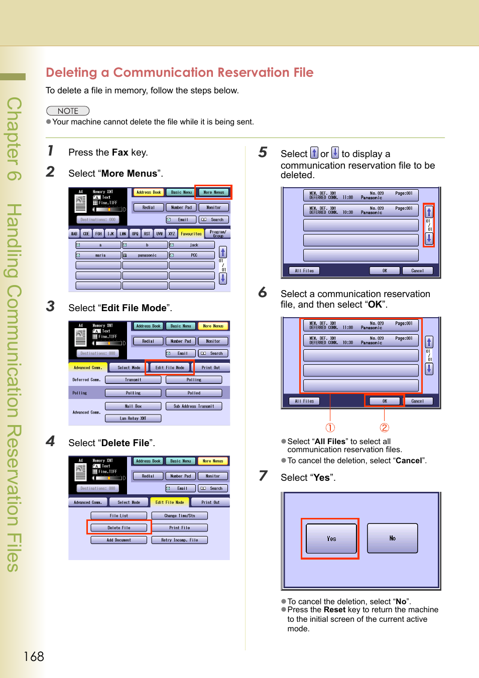 Deleting a communication reservation file, Chapter 6 handling communication reservation files | Panasonic Laser Fax UF-6000 User Manual | Page 168 / 224