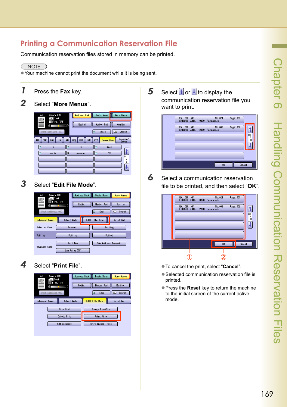 Printing a communication reservation file, Chapter 6 handling communication reservation files | Panasonic Laser Fax UF-6000 User Manual | Page 169 / 224