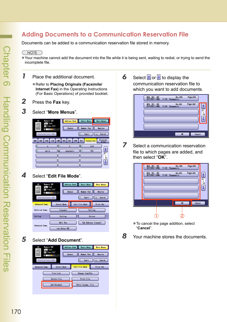 Chapter 6 handling communication reservation files | Panasonic Laser Fax UF-6000 User Manual | Page 170 / 224