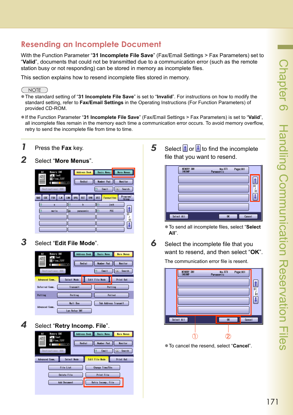 Resending an incomplete document, Chapter 6 handling communication reservation files | Panasonic Laser Fax UF-6000 User Manual | Page 171 / 224