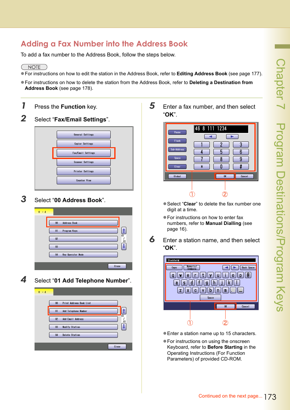Adding a fax number into the address book, Chapter 7 program destinations/program keys | Panasonic Laser Fax UF-6000 User Manual | Page 173 / 224