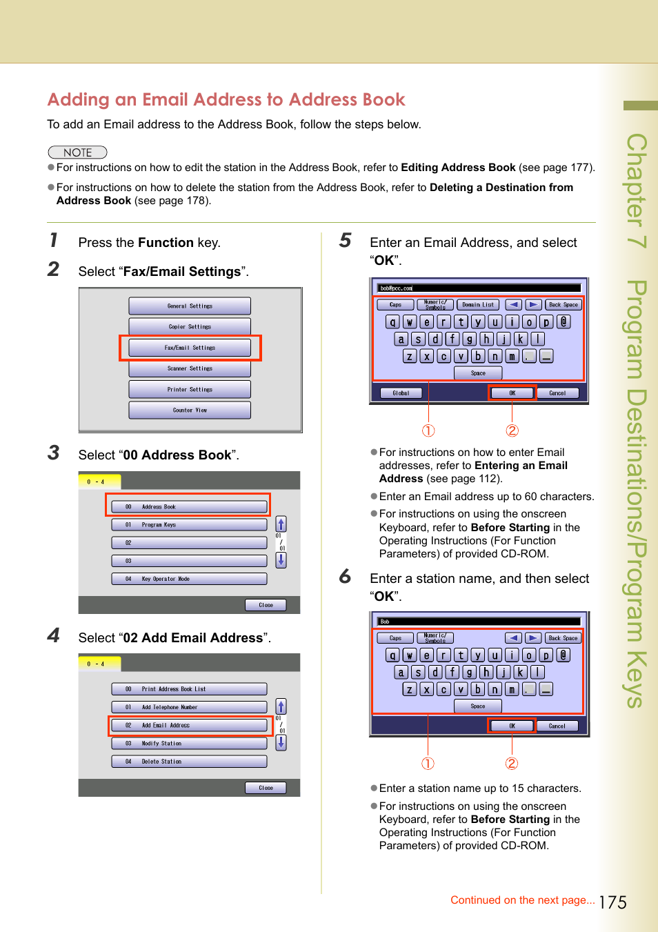 Adding an email address to address book, Chapter 7 program destinations/program keys | Panasonic Laser Fax UF-6000 User Manual | Page 175 / 224