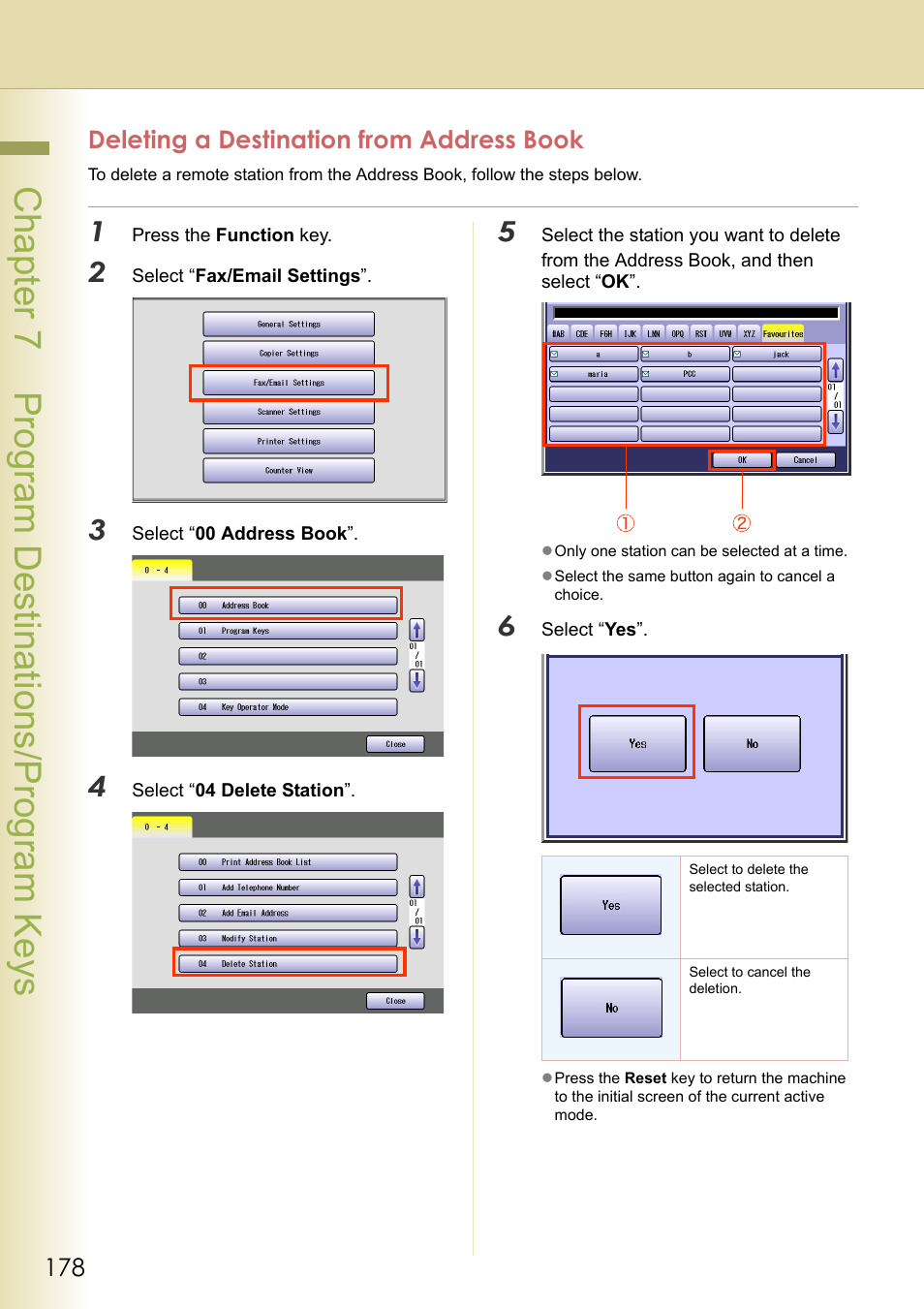 Deleting a destination from address book, Chapter 7 program destinations/program keys | Panasonic Laser Fax UF-6000 User Manual | Page 178 / 224