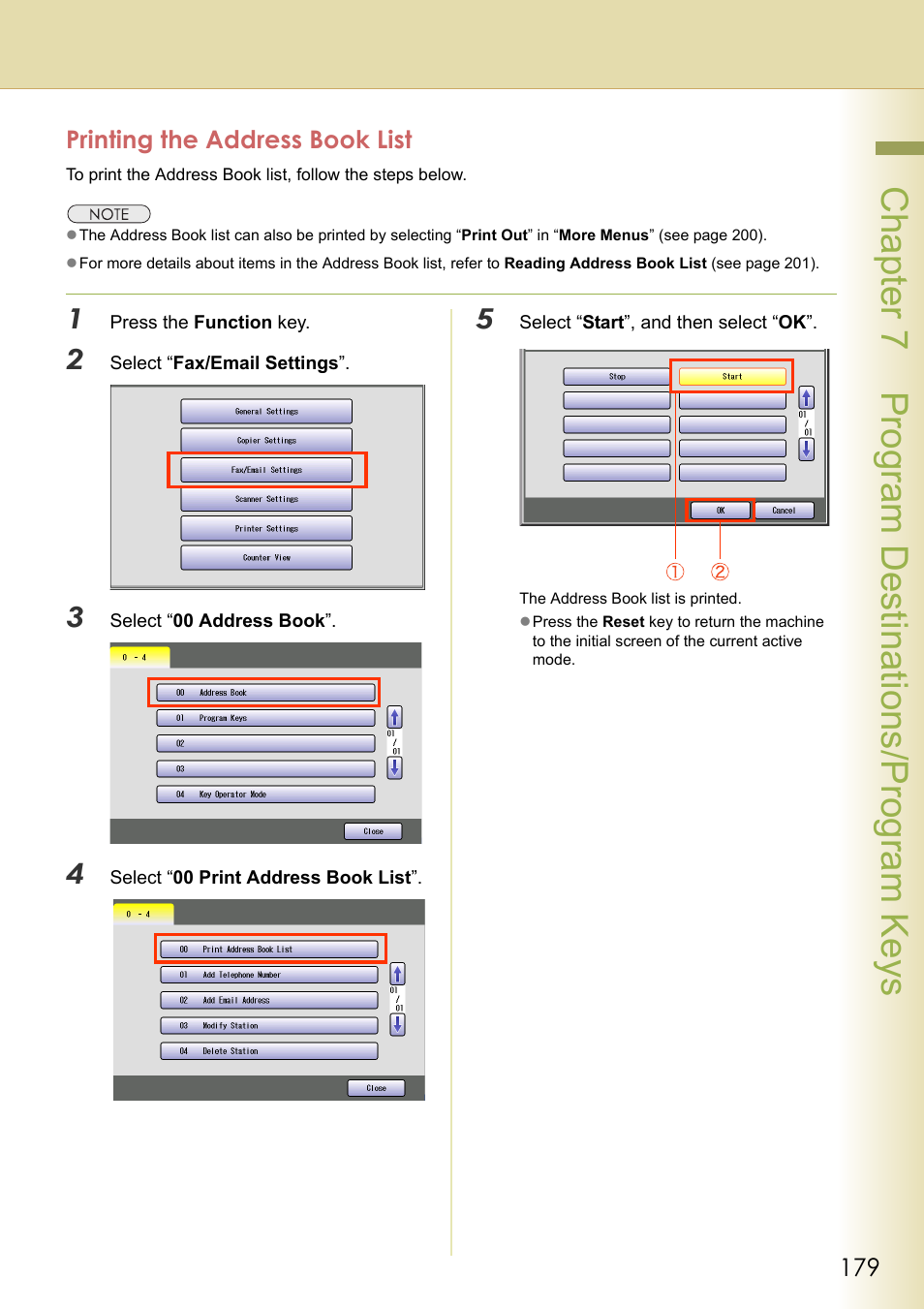 Printing the address book list, Chapter 7 program destinations/program keys | Panasonic Laser Fax UF-6000 User Manual | Page 179 / 224