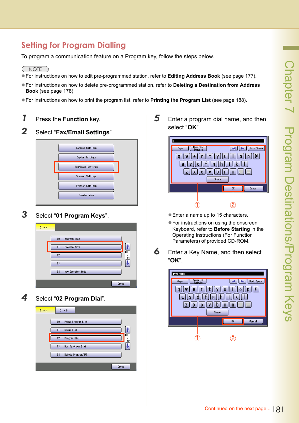 Setting for program dialling, Chapter 7 program destinations/program keys | Panasonic Laser Fax UF-6000 User Manual | Page 181 / 224