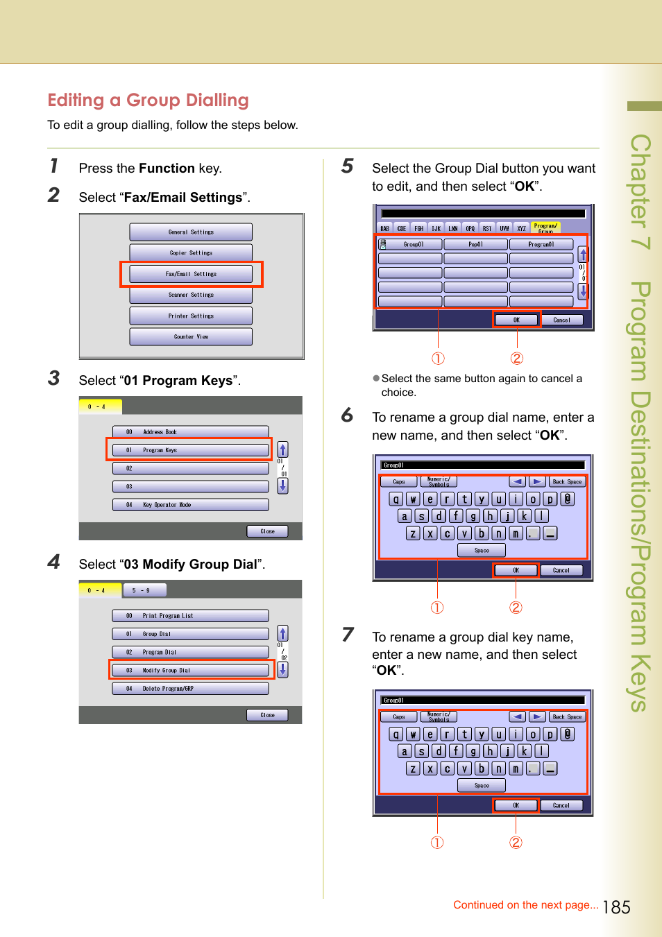 Editing a group dialling, Chapter 7 program destinations/program keys | Panasonic Laser Fax UF-6000 User Manual | Page 185 / 224