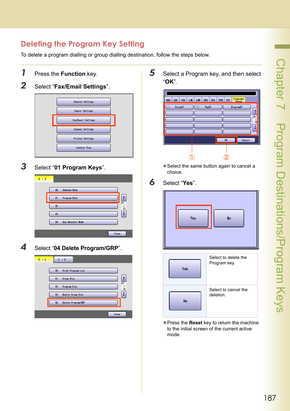 Deleting the program key setting, Chapter 7 program destinations/program keys | Panasonic Laser Fax UF-6000 User Manual | Page 187 / 224