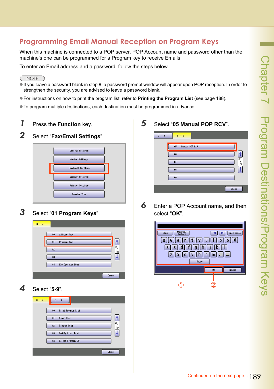 Programming email manual reception on program keys, Chapter 7 program destinations/program keys | Panasonic Laser Fax UF-6000 User Manual | Page 189 / 224