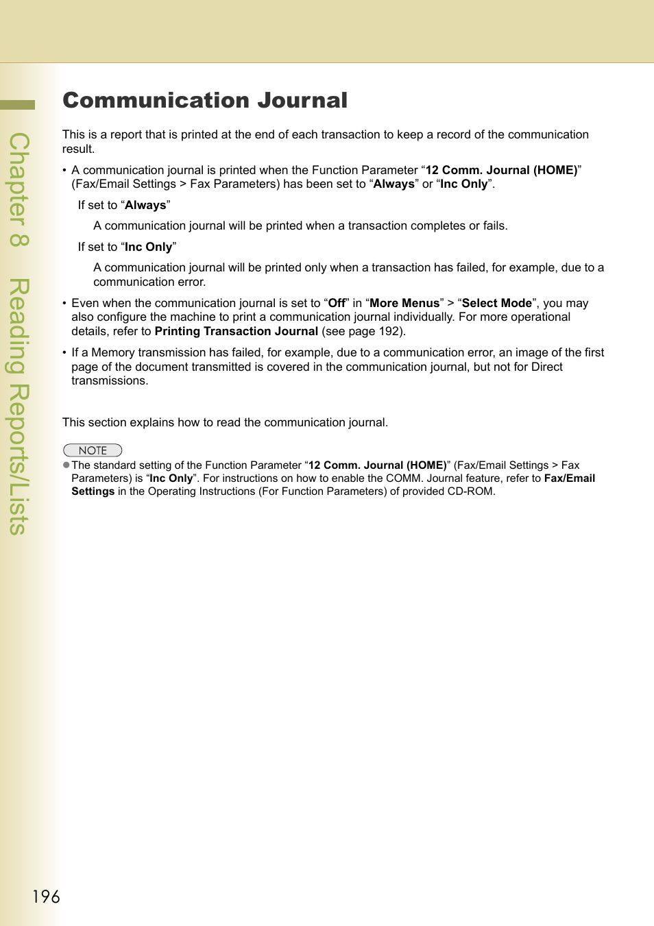 Communication journal, Chapter 8 reading reports/lists | Panasonic Laser Fax UF-6000 User Manual | Page 196 / 224