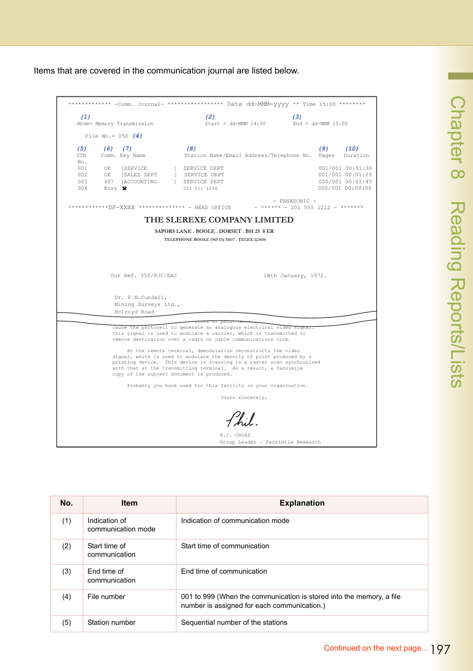 Chapter 8 reading reports/lists, The slerexe company limited | Panasonic Laser Fax UF-6000 User Manual | Page 197 / 224
