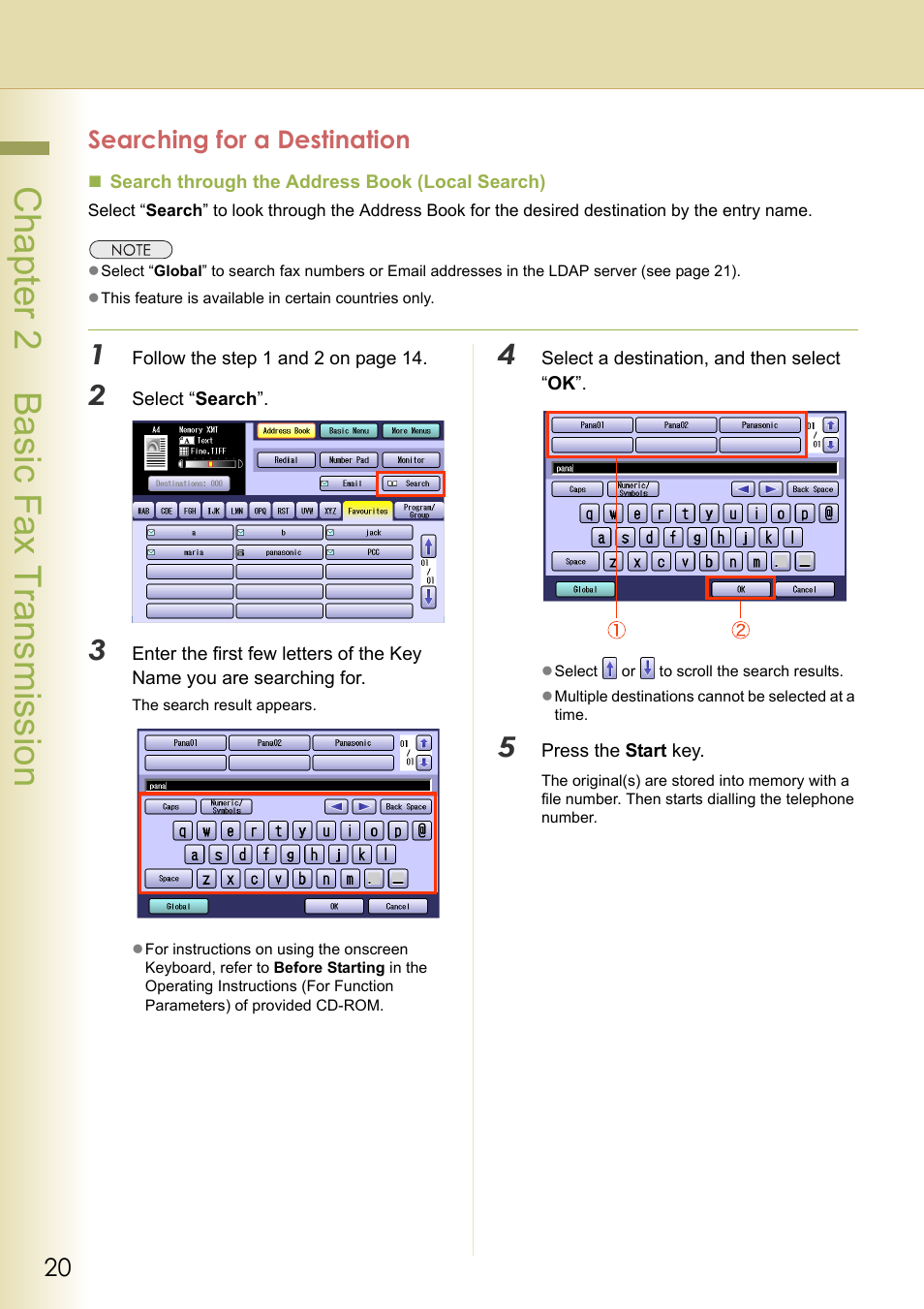Searching for a destination, Chapter 2 basic fax transmission | Panasonic Laser Fax UF-6000 User Manual | Page 20 / 224