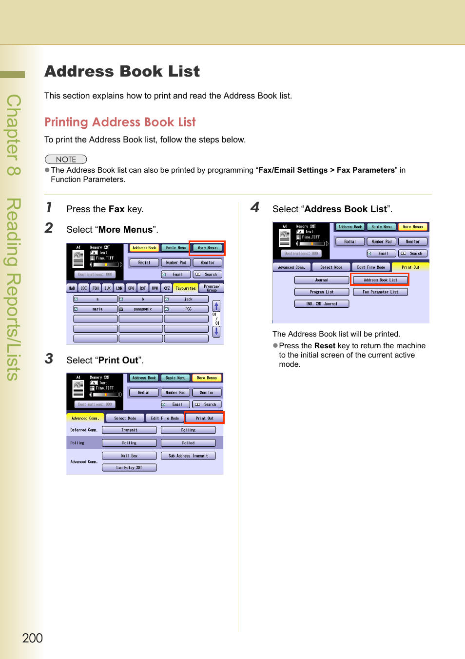 Address book list, Printing address book list, Chapter 8 reading reports/lists | Panasonic Laser Fax UF-6000 User Manual | Page 200 / 224
