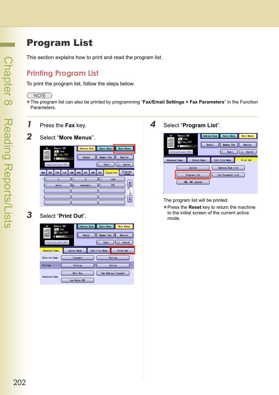 Program list, Printing program list, Chapter 8 reading reports/lists | Panasonic Laser Fax UF-6000 User Manual | Page 202 / 224