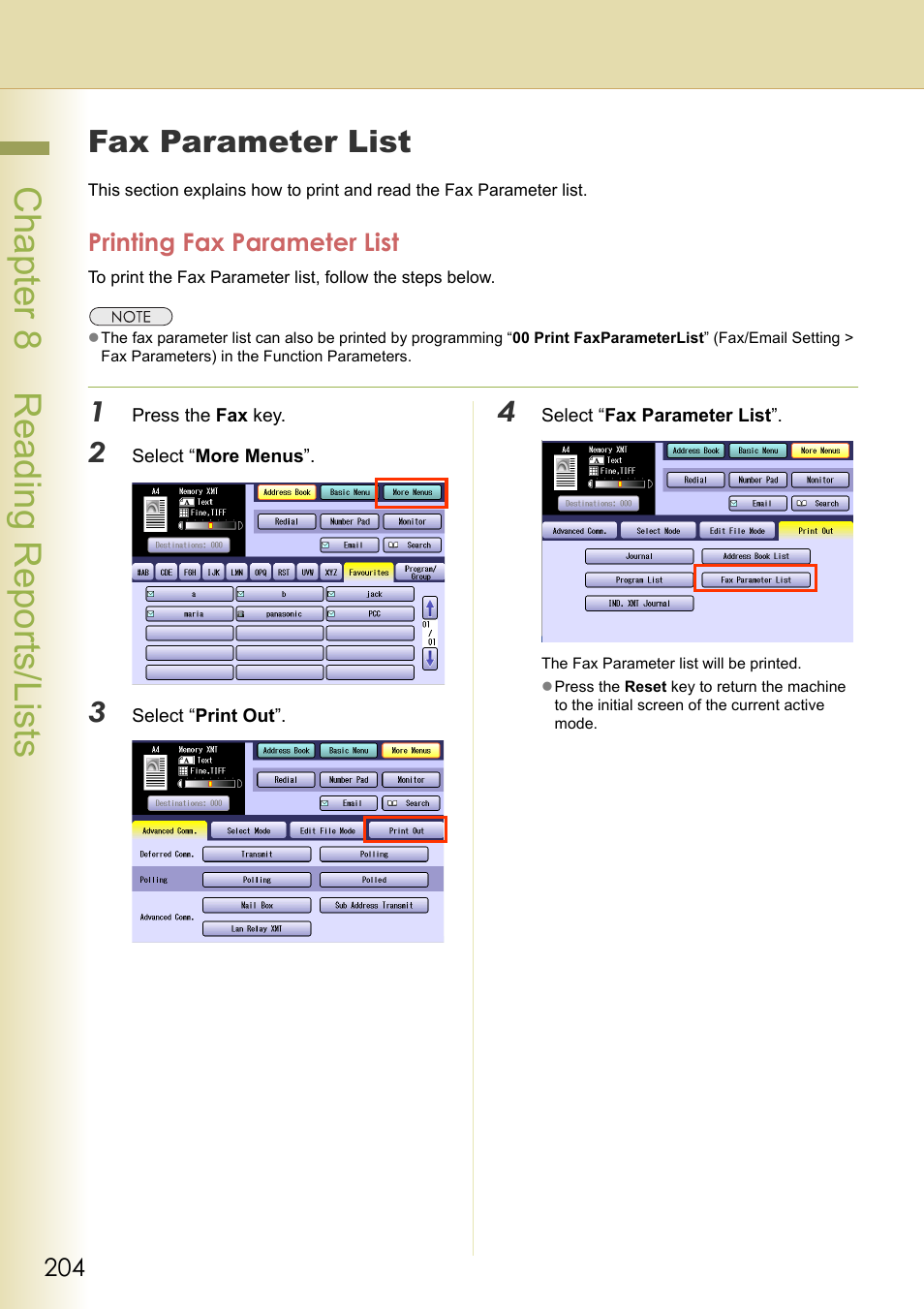 Fax parameter list, Printing fax parameter list, Chapter 8 reading reports/lists | Panasonic Laser Fax UF-6000 User Manual | Page 204 / 224
