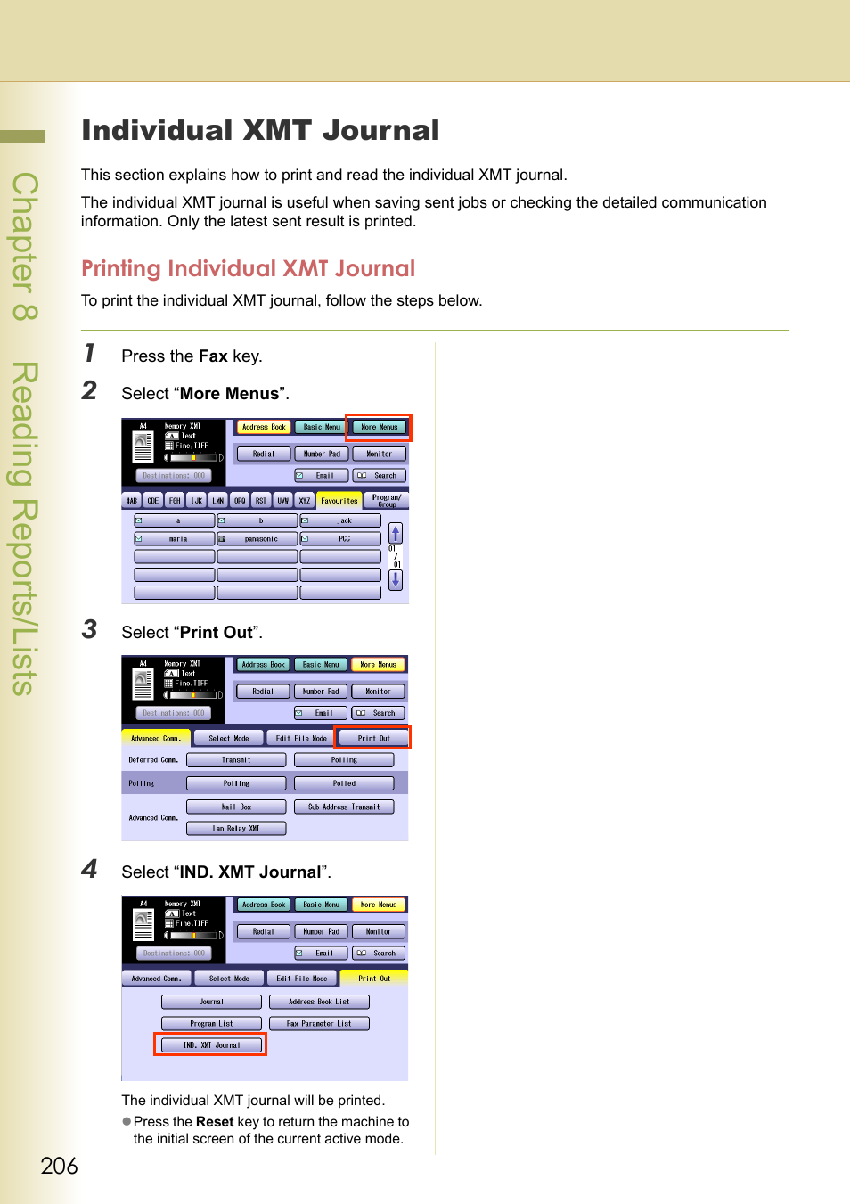 Individual xmt journal, Printing individual xmt journal, Chapter 8 reading reports/lists | Panasonic Laser Fax UF-6000 User Manual | Page 206 / 224
