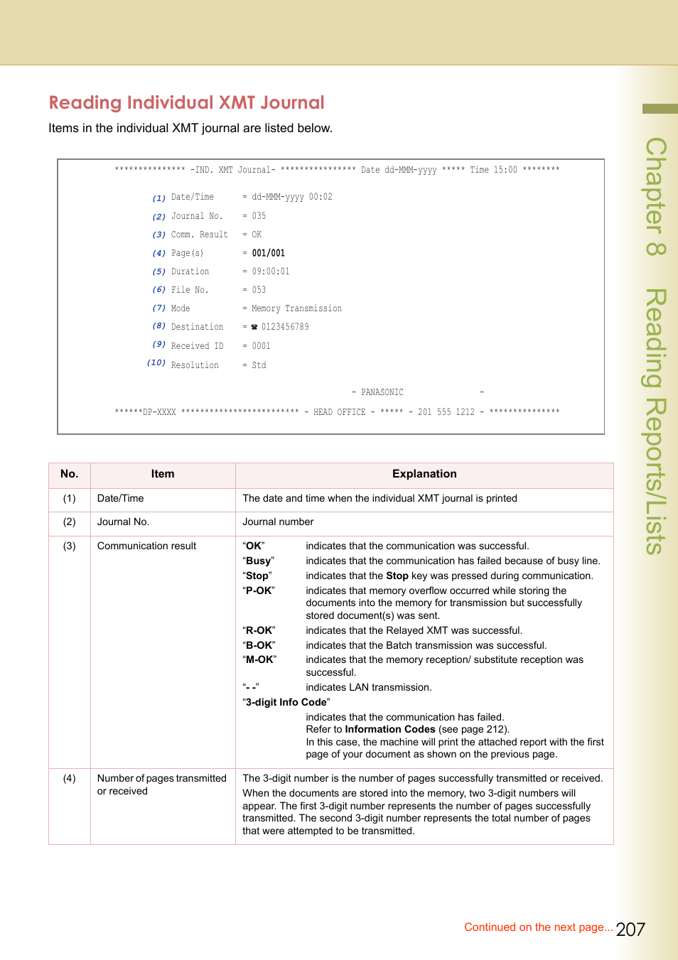 Reading individual xmt journal, Chapter 8 reading reports/lists | Panasonic Laser Fax UF-6000 User Manual | Page 207 / 224