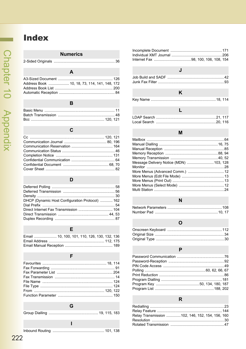 Index, Chapter 10 appendix | Panasonic Laser Fax UF-6000 User Manual | Page 222 / 224