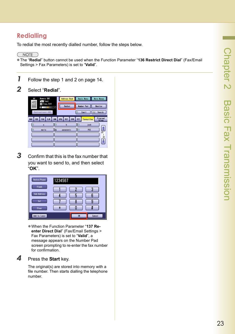 Redialling, Chapter 2 basic fax transmission | Panasonic Laser Fax UF-6000 User Manual | Page 23 / 224