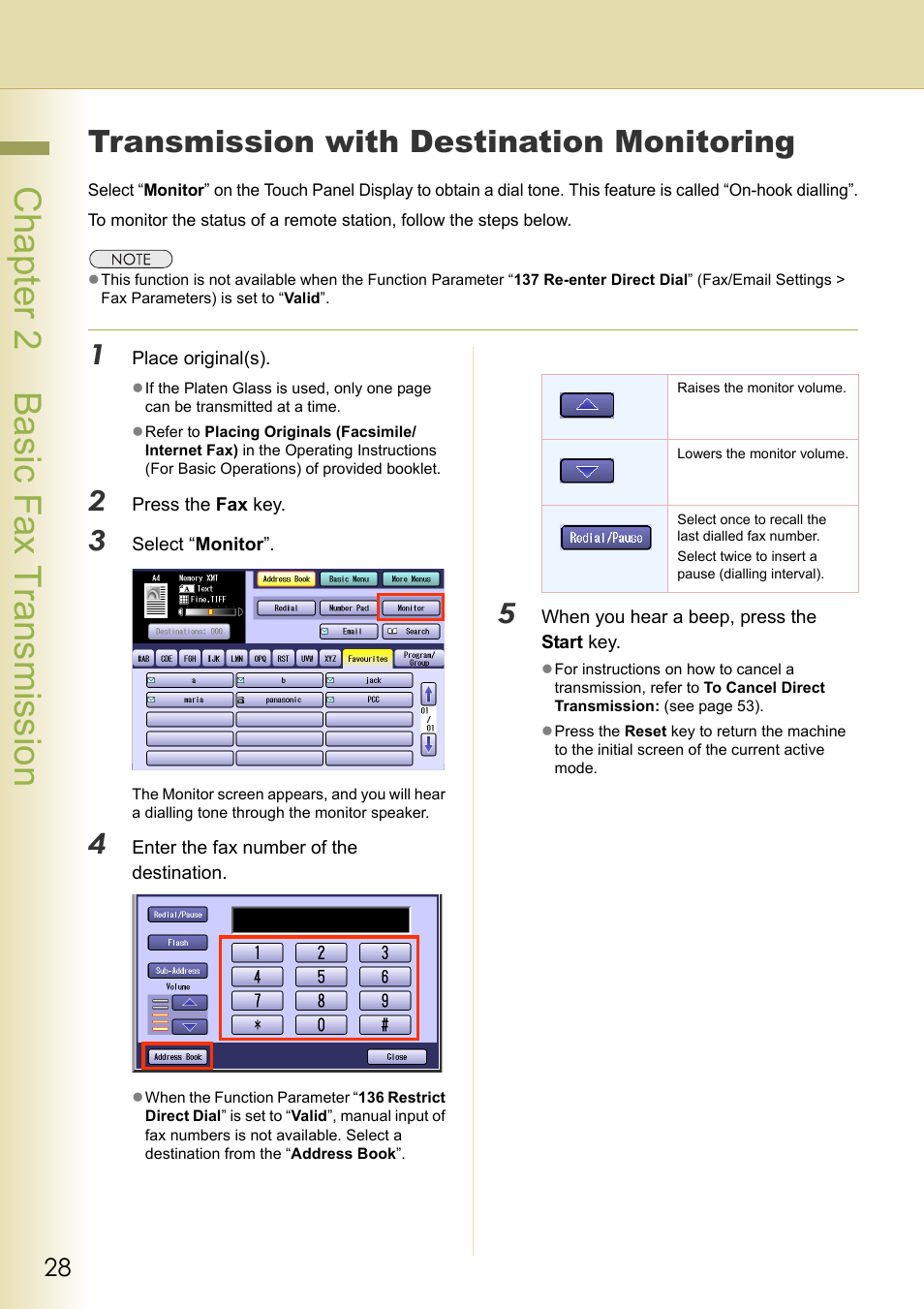 Transmission with destination monitoring, Chapter 2 basic fax transmission | Panasonic Laser Fax UF-6000 User Manual | Page 28 / 224
