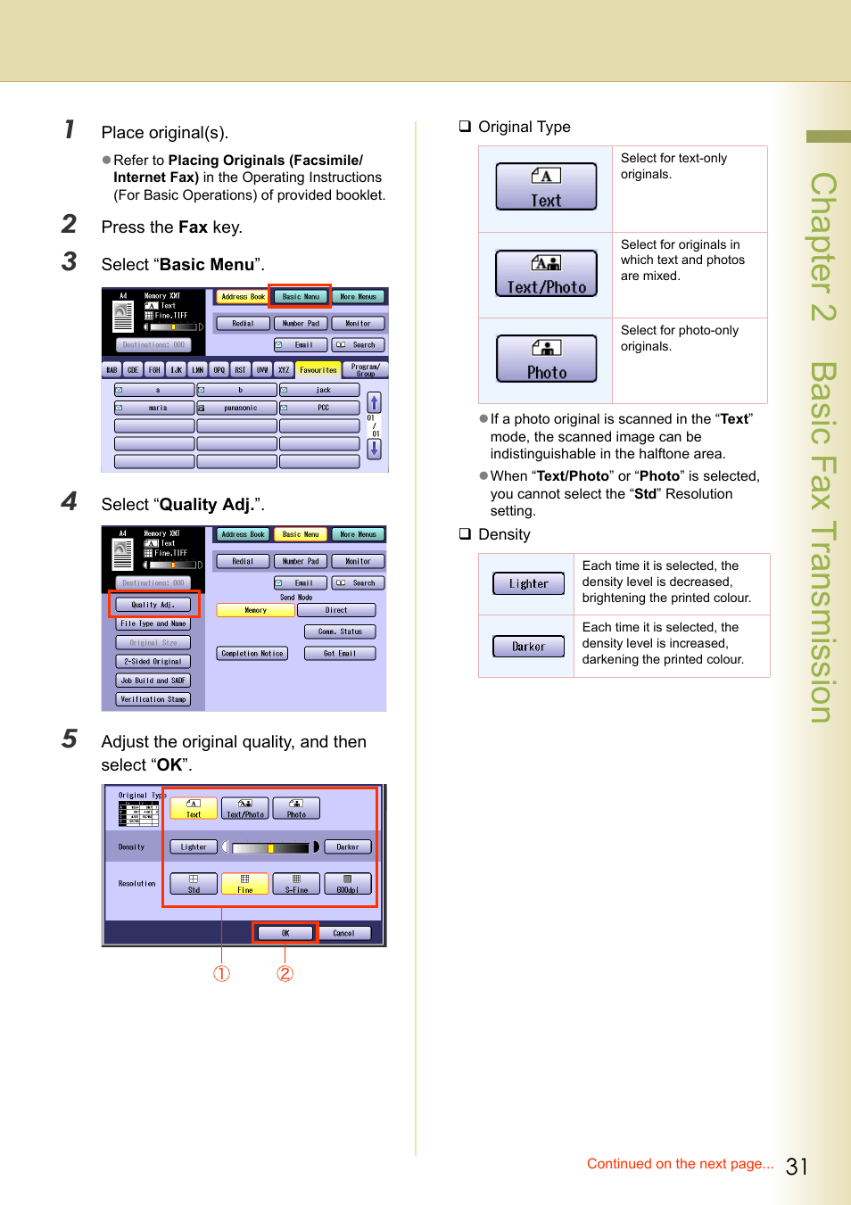 Chapter 2 basic fax transmission | Panasonic Laser Fax UF-6000 User Manual | Page 31 / 224