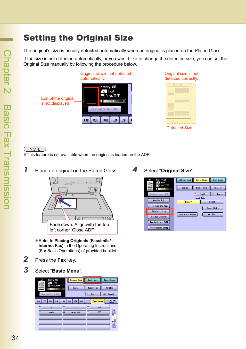 Setting the original size, Chapter 2 basic fax transmission | Panasonic Laser Fax UF-6000 User Manual | Page 34 / 224