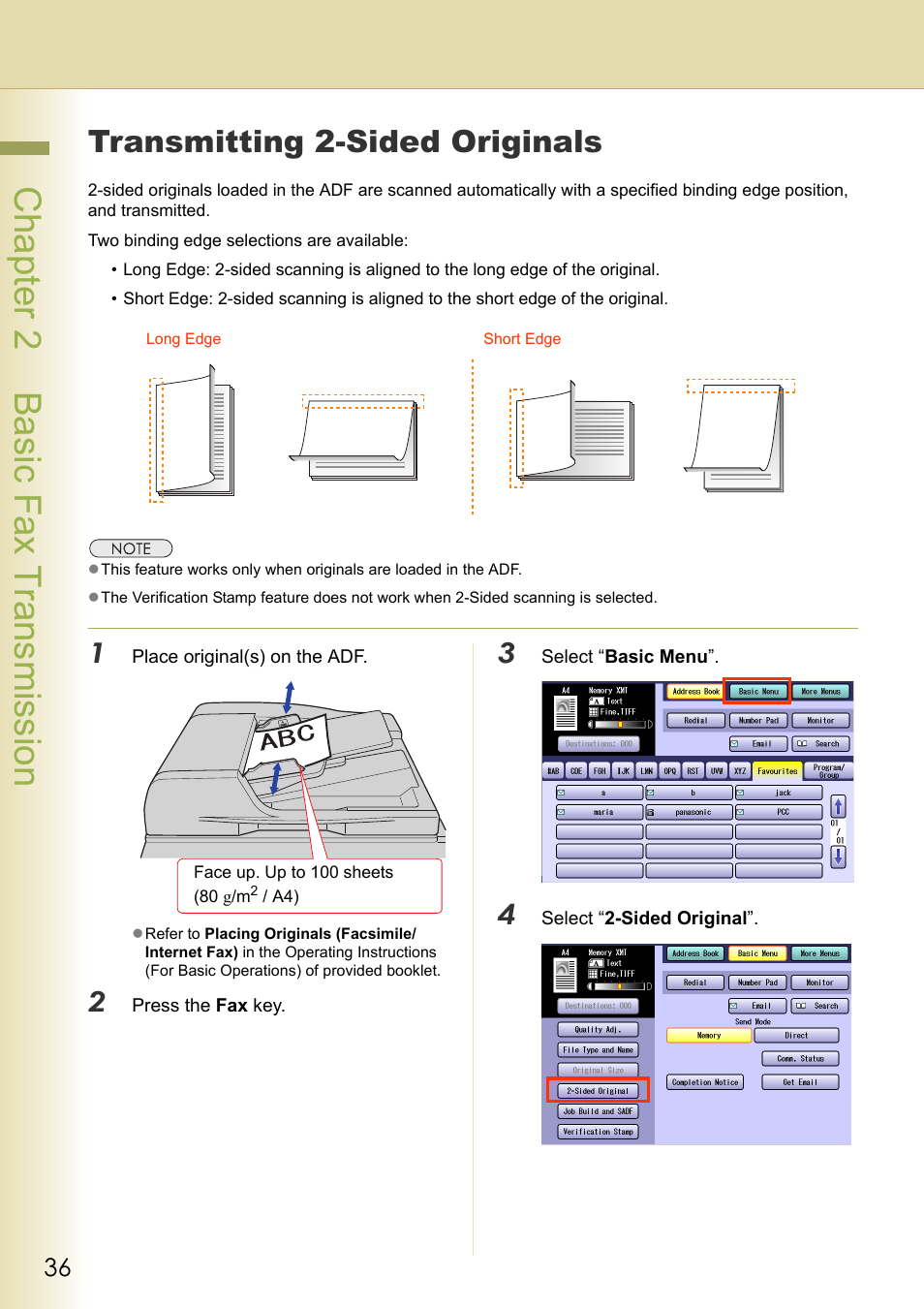 Transmitting 2-sided originals, Chapter 2 basic fax transmission | Panasonic Laser Fax UF-6000 User Manual | Page 36 / 224