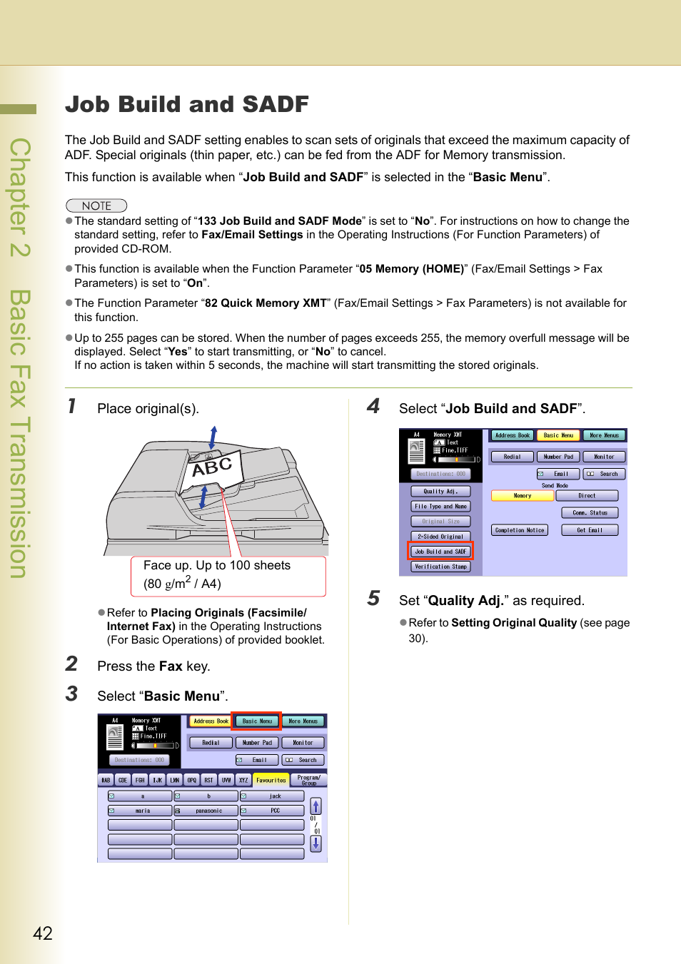 Job build and sadf, Chapter 2 basic fax transmission | Panasonic Laser Fax UF-6000 User Manual | Page 42 / 224