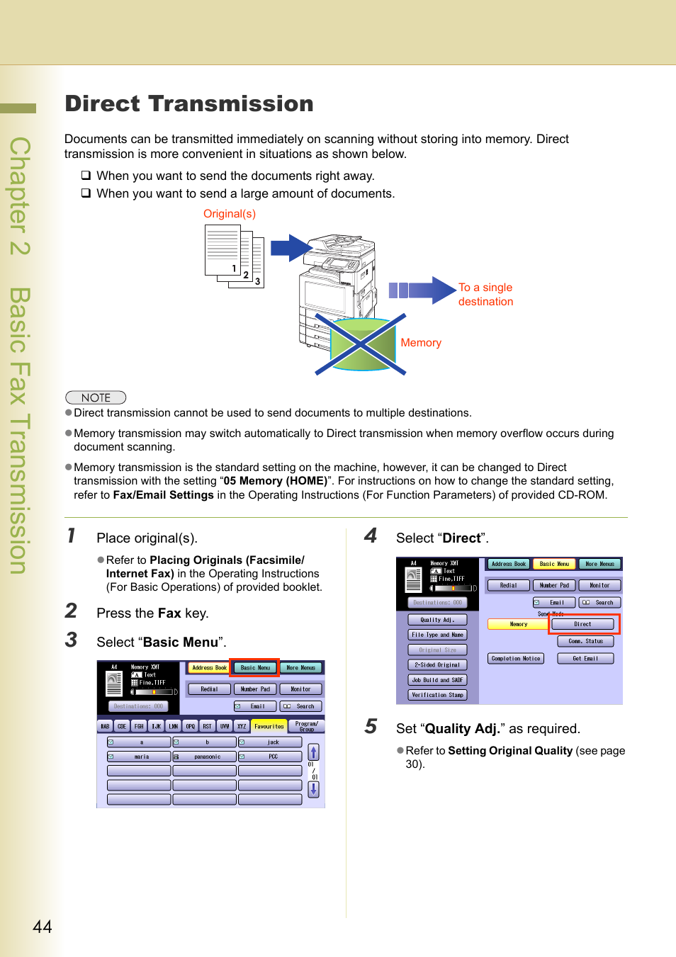Direct transmission, Chapter 2 basic fax transmission | Panasonic Laser Fax UF-6000 User Manual | Page 44 / 224
