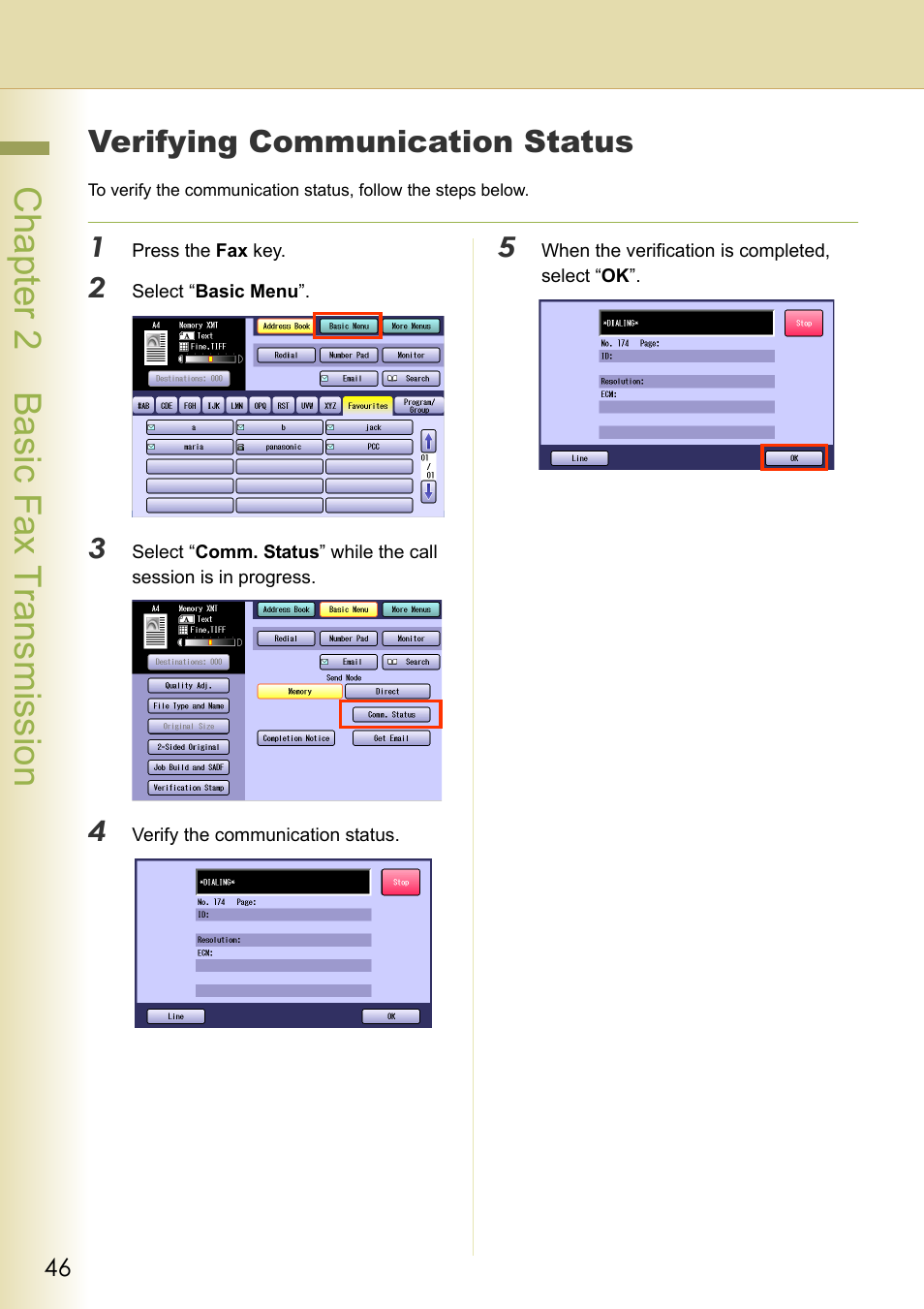 Verifying communication status, Chapter 2 basic fax transmission | Panasonic Laser Fax UF-6000 User Manual | Page 46 / 224