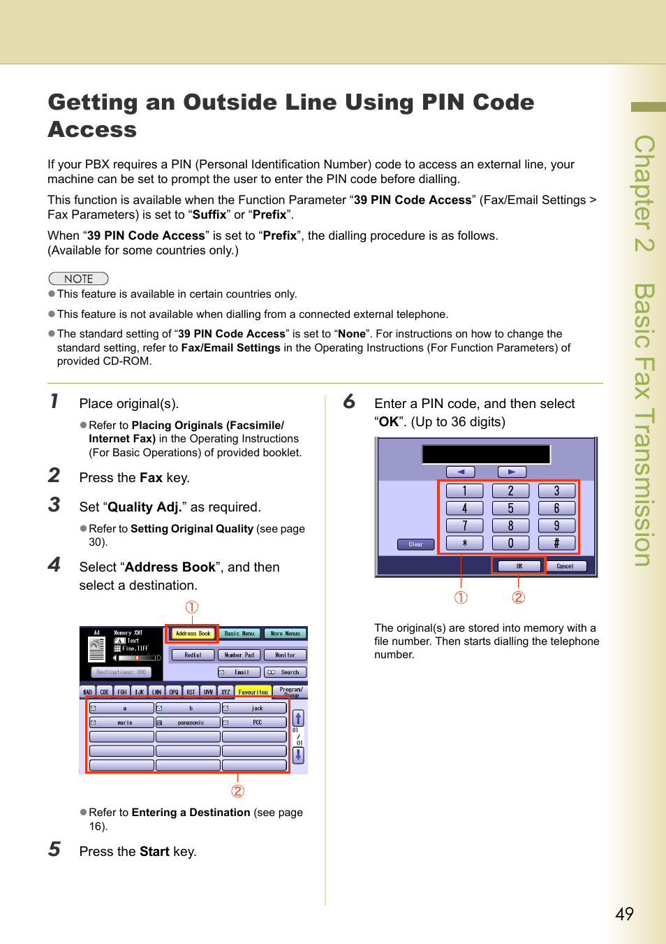 Getting an outside line using pin code access, Chapter 2 basic fax transmission | Panasonic Laser Fax UF-6000 User Manual | Page 49 / 224