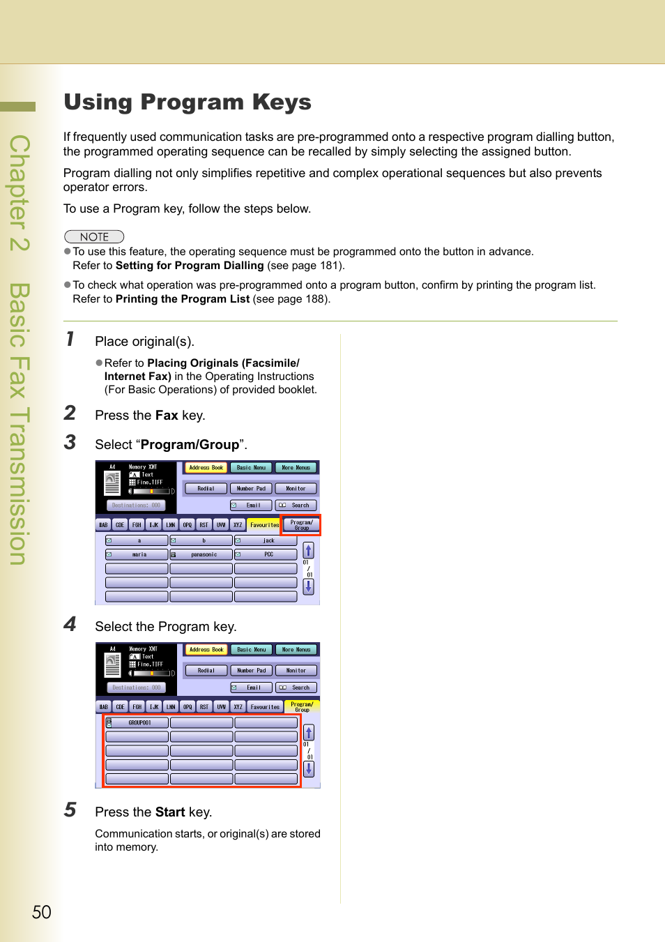 Using program keys, Chapter 2 basic fax transmission | Panasonic Laser Fax UF-6000 User Manual | Page 50 / 224