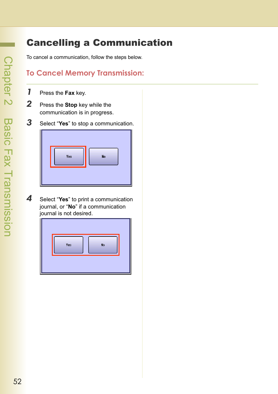 Cancelling a communication, To cancel memory transmission, Chapter 2 basic fax transmission | Panasonic Laser Fax UF-6000 User Manual | Page 52 / 224