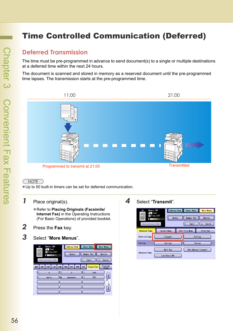 Convenient fax features, Time controlled communication (deferred), Deferred transmission | Chapter 3 convenient fax features | Panasonic Laser Fax UF-6000 User Manual | Page 56 / 224