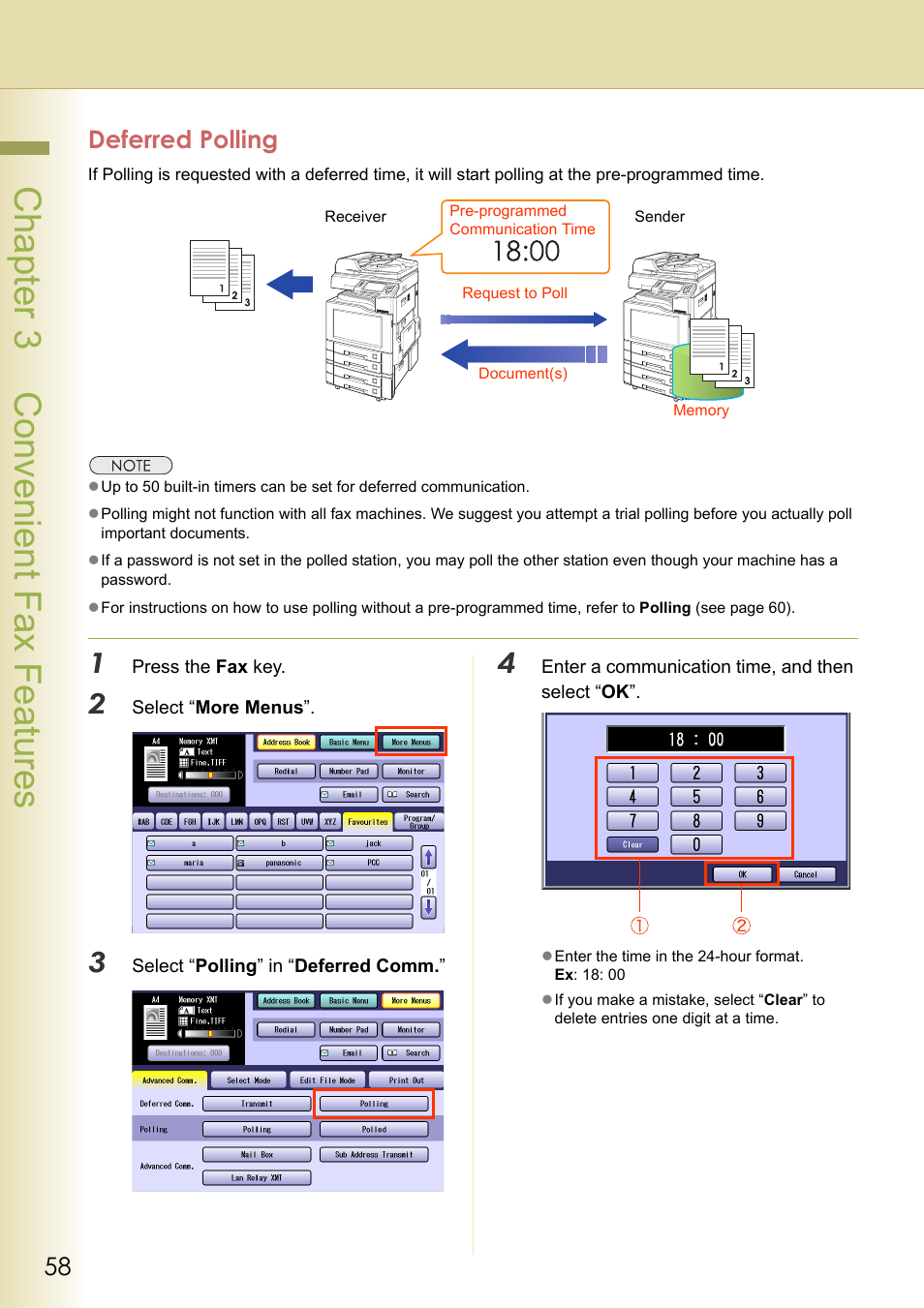 Deferred polling, Chapter 3 convenient fax features | Panasonic Laser Fax UF-6000 User Manual | Page 58 / 224